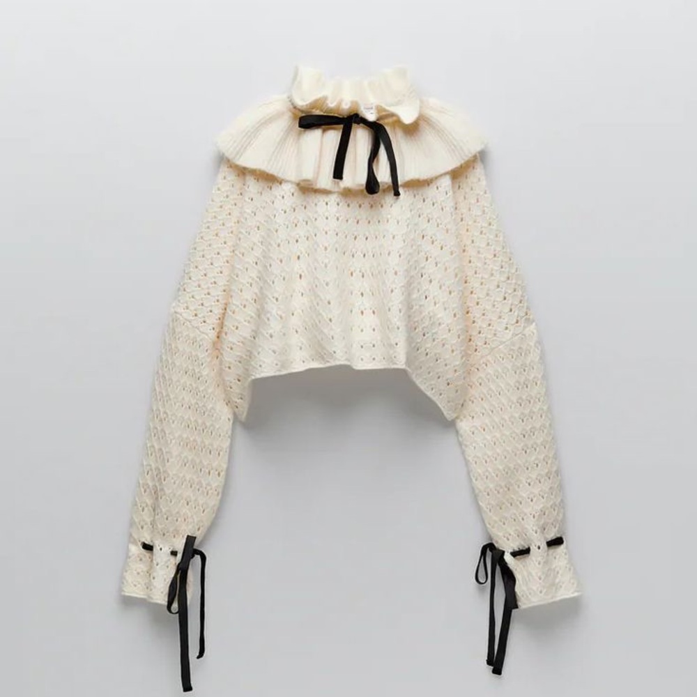 NWT ZARA Bloggers Fav Cream Alpaca Blend Ruffle Collar Bishop Sleeve Sweater M - Picture 6 of 11